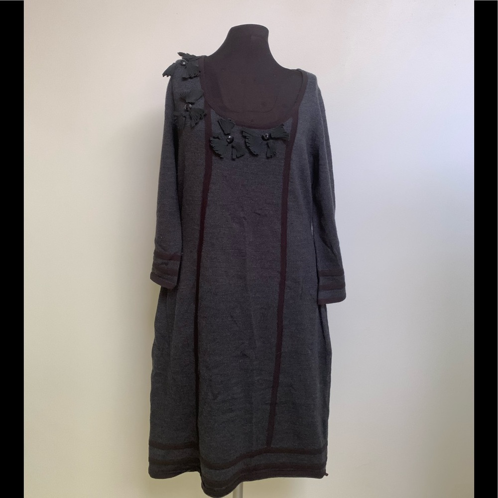 Jones New York Sweater Dress-Dark Gray with Black Floral Embellishment-Stretch-S